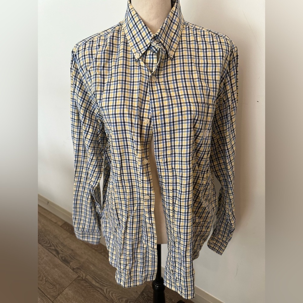 Chaps Dress Shirt Mens button front  plaid yellow and blue SZ M